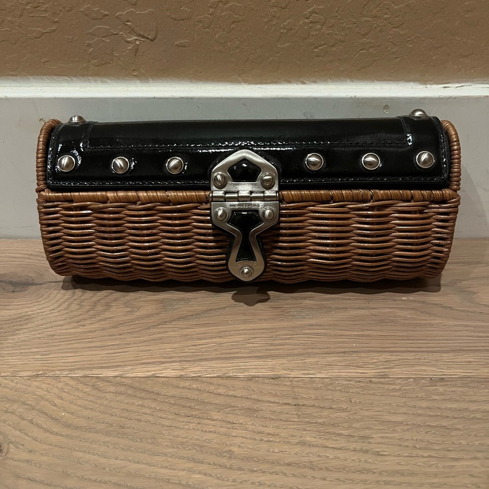 MICHAEL Michael Kors Santorini Black and Tan Clutch with Wicker Design